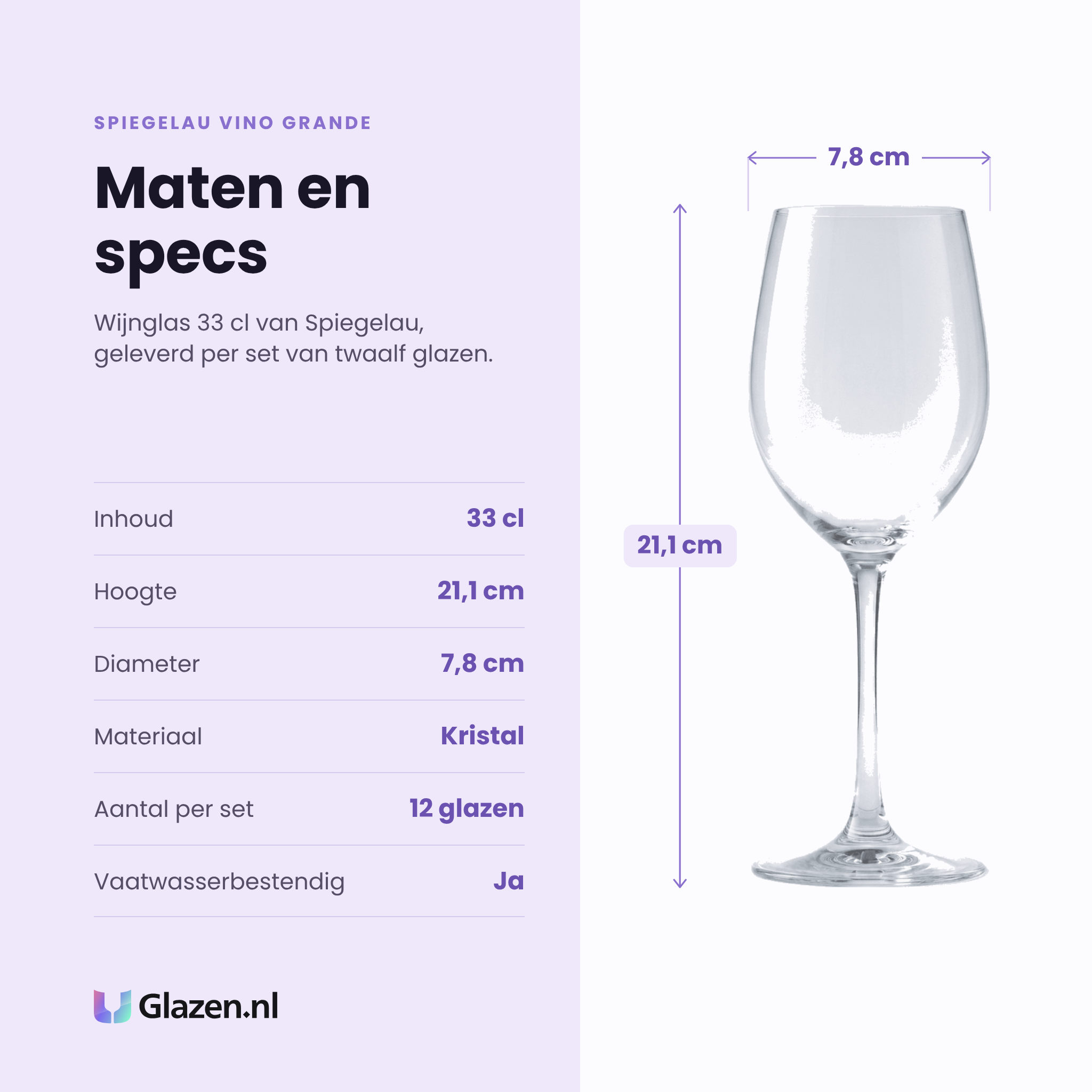 Spiegelau Vino Grande wijnglas 33 cl specificaties: inhoud 33 cl, hoogte 21,1 cm, diameter 7,8 cm, kristal, set van 12