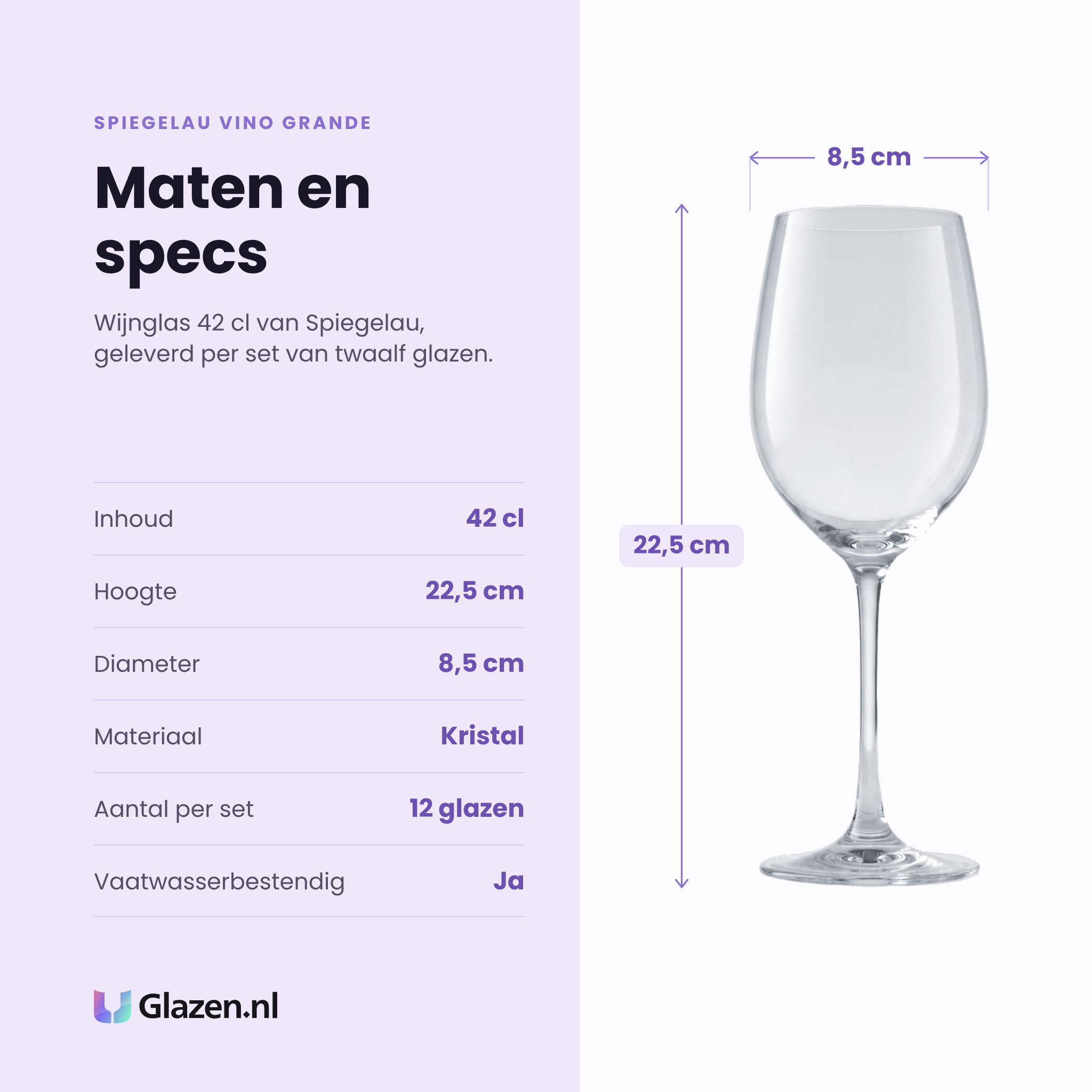 Spiegelau Vino Grande wijnglas 42 cl specificaties: inhoud 42 cl, hoogte 22,5 cm, diameter 8,5 cm, kristal, set van 12