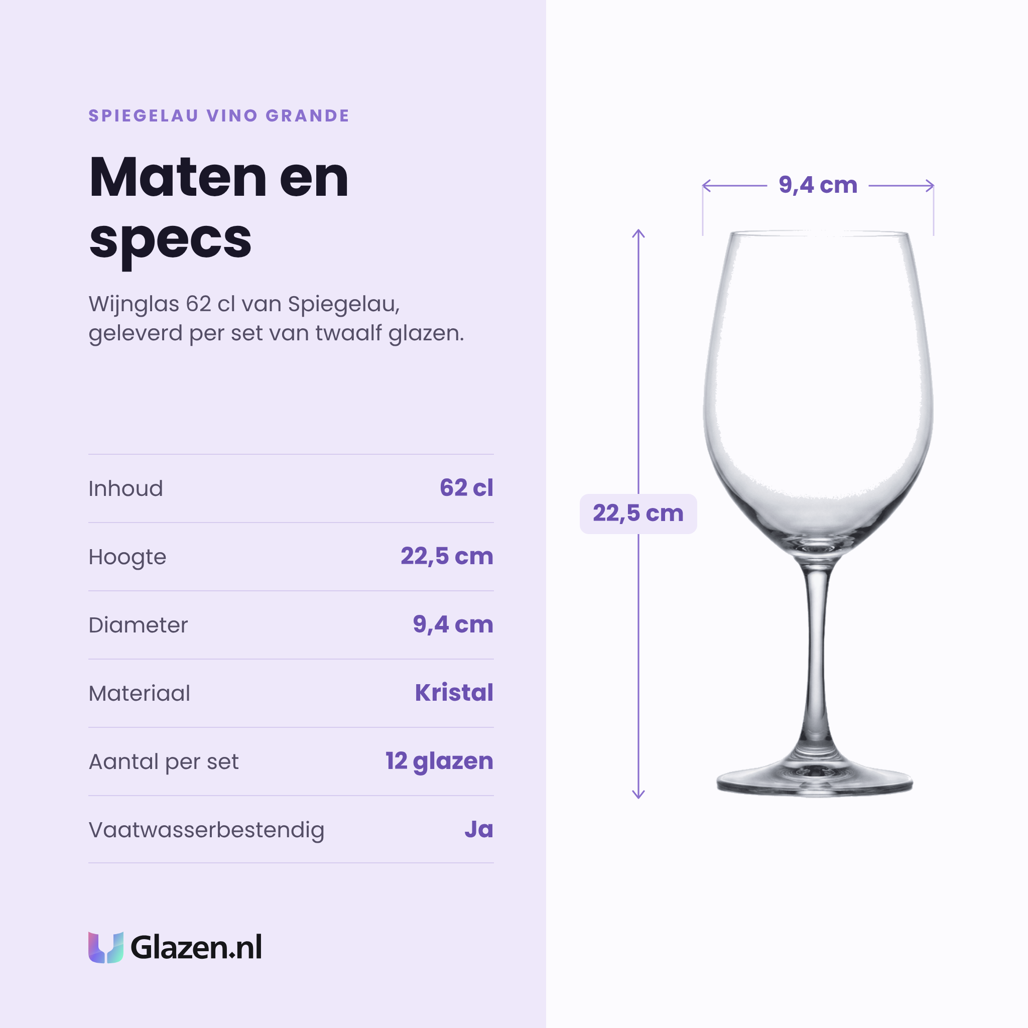 Spiegelau Vino Grande wijnglas 62 cl specificaties: inhoud 62 cl, hoogte 22,5 cm, diameter 9,4 cm, kristalglas, set van 12