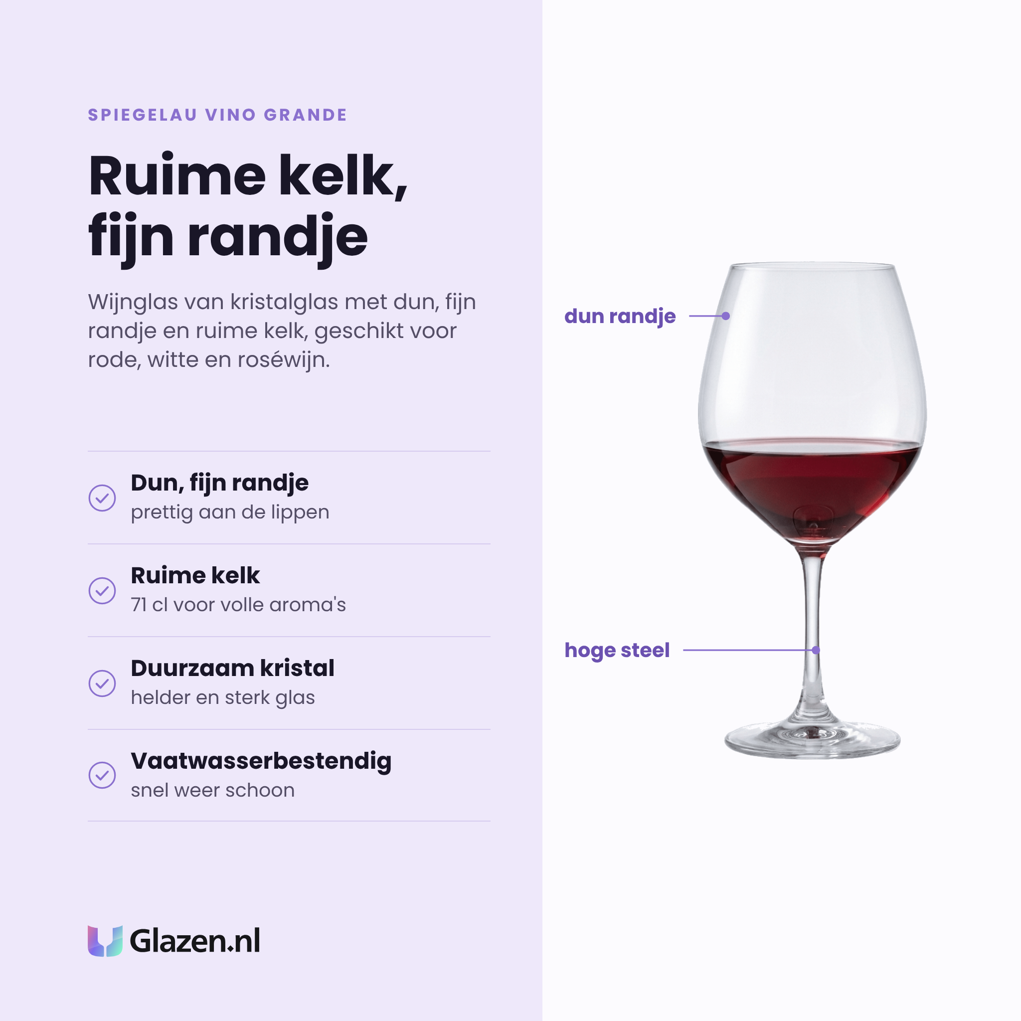 Spiegelau Vino Grande wijnglas 71 cl eigenschappen: dun fijn randje, ruime kelk voor volle aroma's, duurzaam kristalglas, vaatwasserbestendig