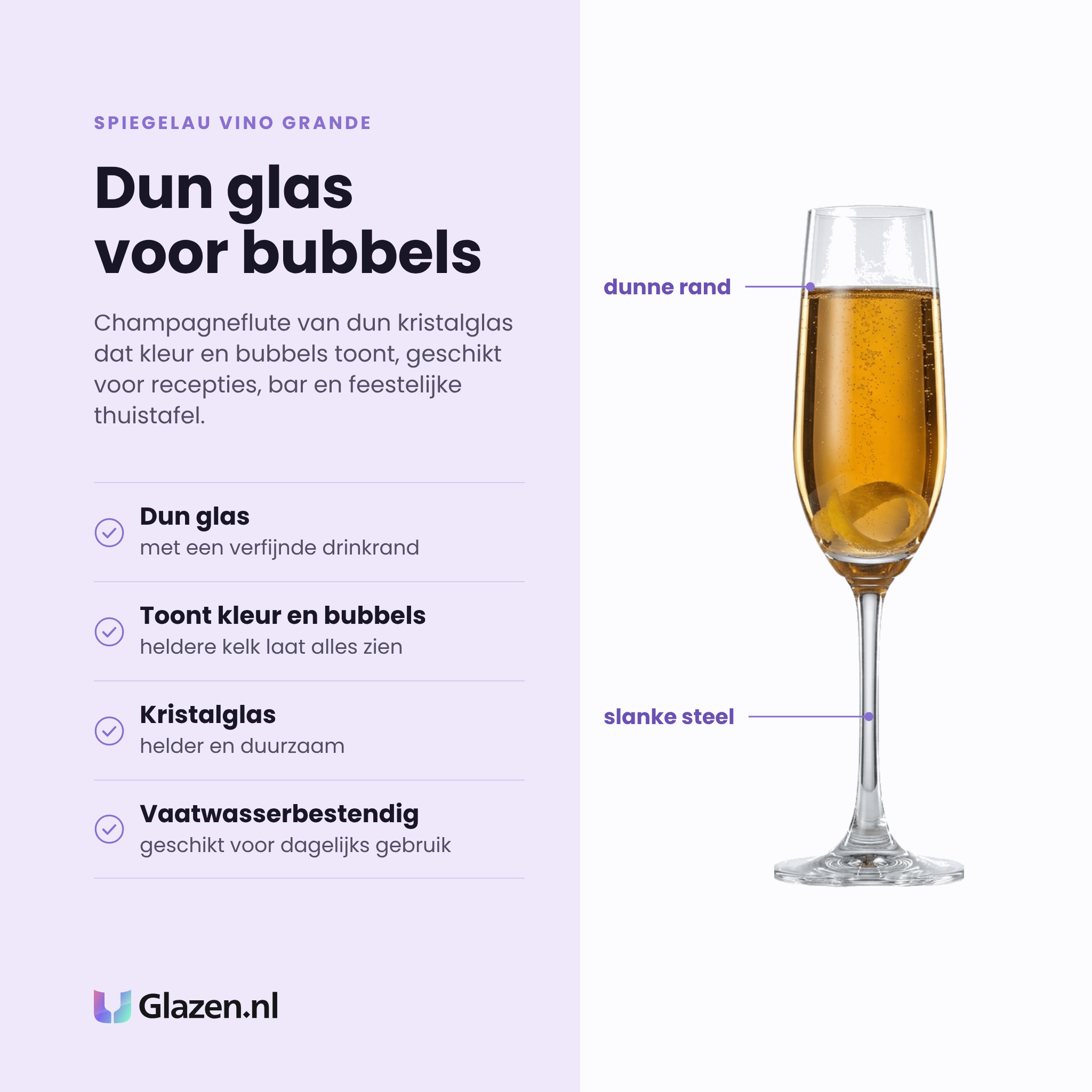 Spiegelau Vino Grande champagneflute eigenschappen: dun glas met verfijnde drinkrand, toont kleur en bubbels, kristalglas, vaatwasserbestendig