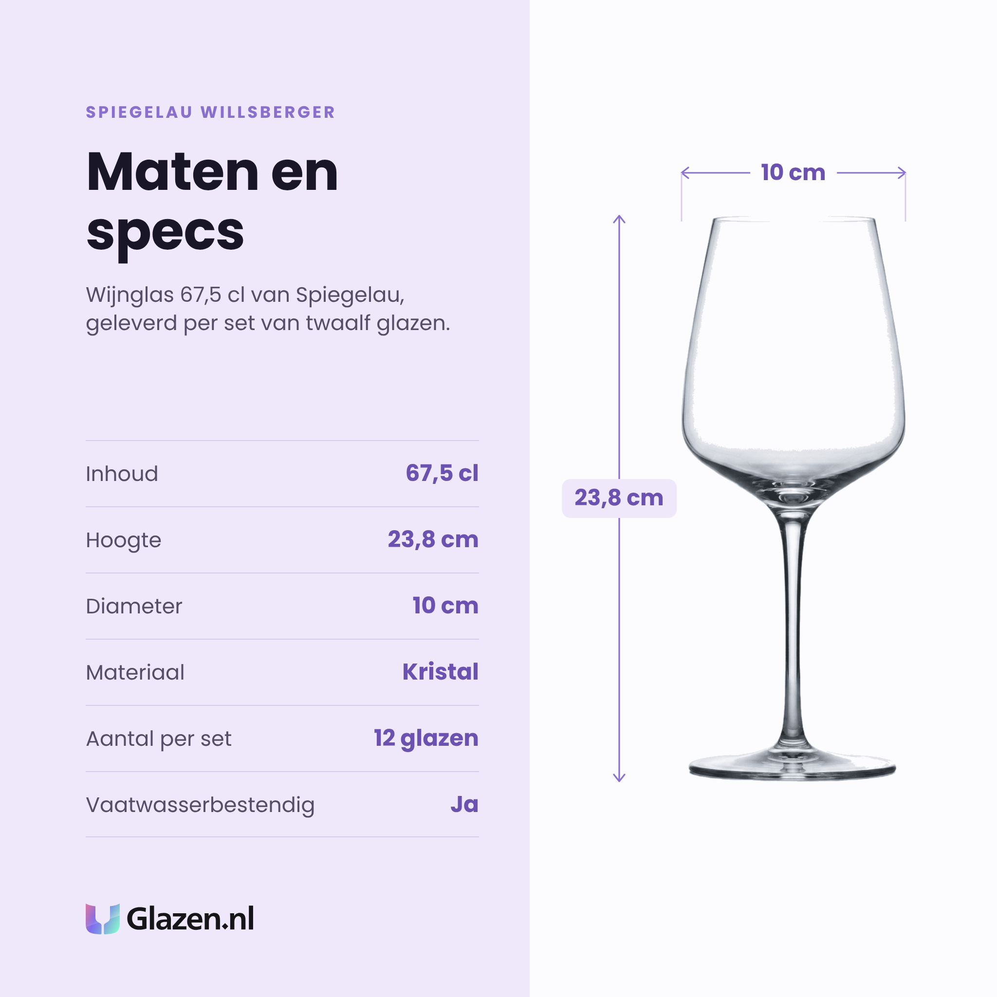 Spiegelau Willsberger Anniversary wijnglas 67,5 cl specificaties: inhoud 67,5 cl, hoogte 23,8 cm, diameter 10 cm, kristalglas, set van 12