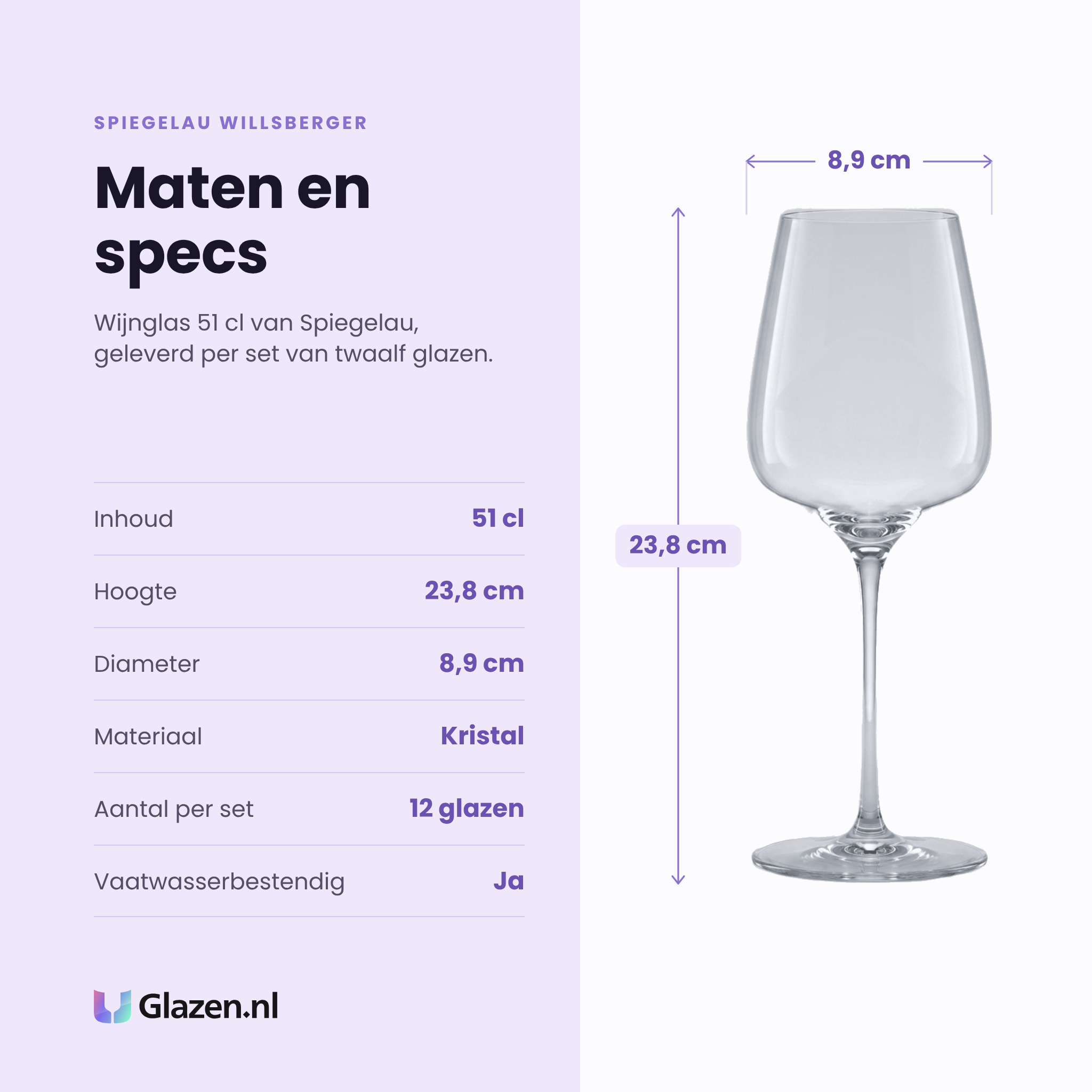 Spiegelau Willsberger Anniversary wijnglas 51 cl specificaties: inhoud 51 cl, hoogte 23,8 cm, diameter 8,9 cm, kristal, set van 12