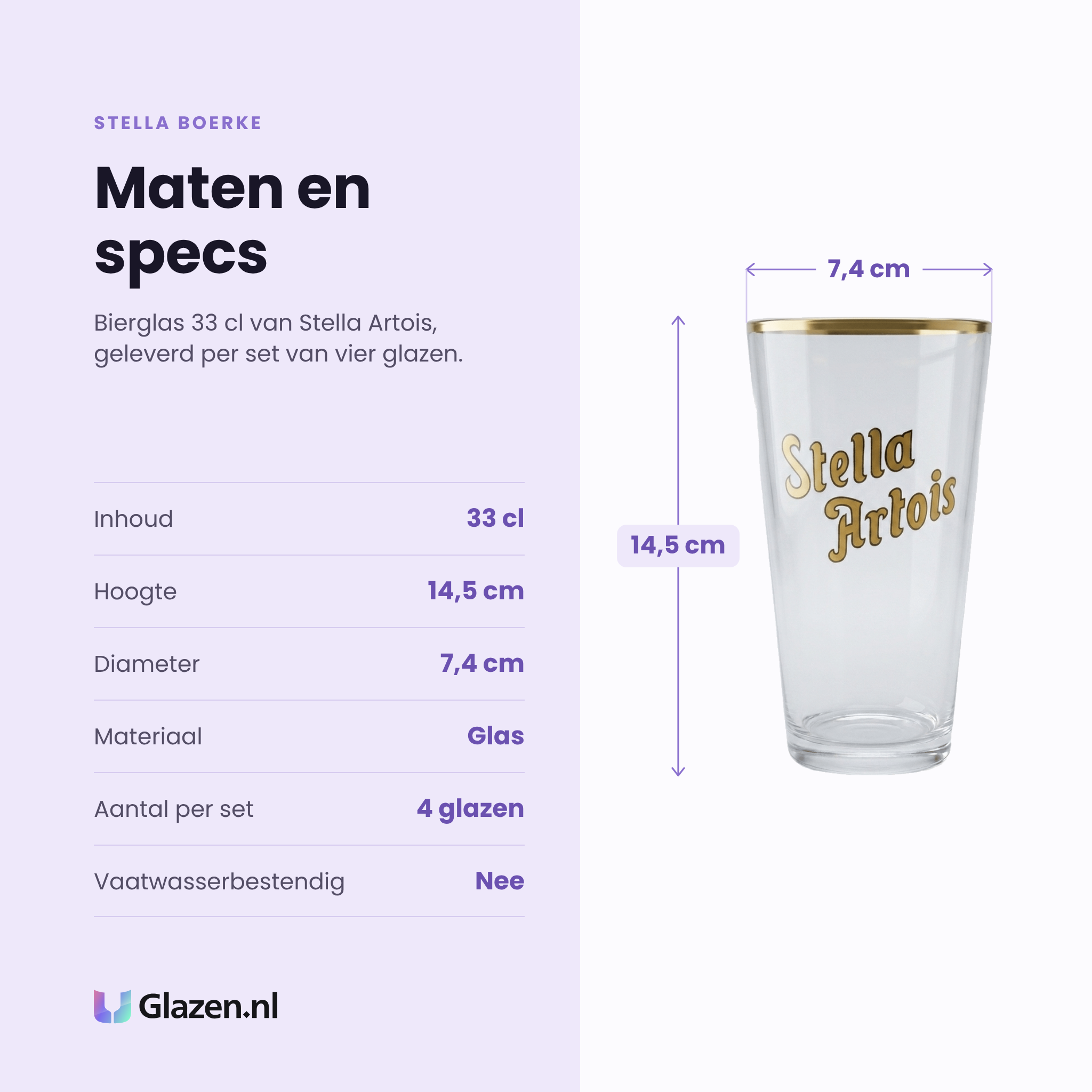 Stella Boerke bierglas 33 cl specificaties: inhoud 33 cl, hoogte 14,5 cm, diameter 7,4 cm, glas, set van 4