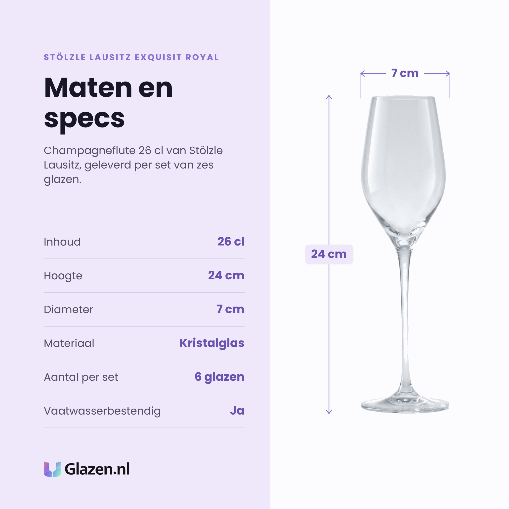 Stölzle Lausitz Exquisit Royal champagneflute 26 cl specificaties: inhoud 26 cl, hoogte 24 cm, diameter 7 cm, kristalglas, set van 6