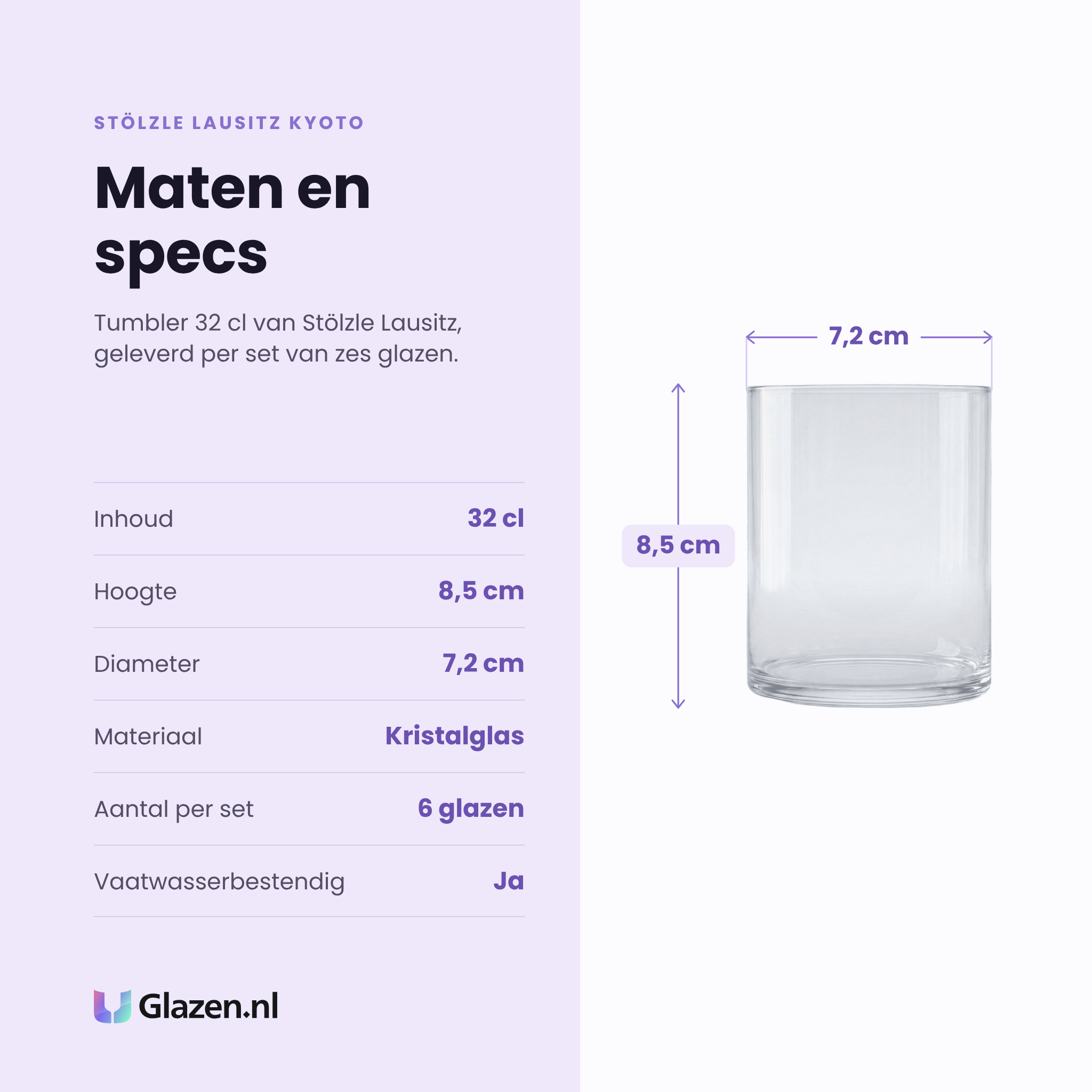 Stölzle Lausitz Kyoto tumbler 32 cl specificaties: inhoud 32 cl, hoogte 8,5 cm, diameter 7,2 cm, kristalglas, set van 6