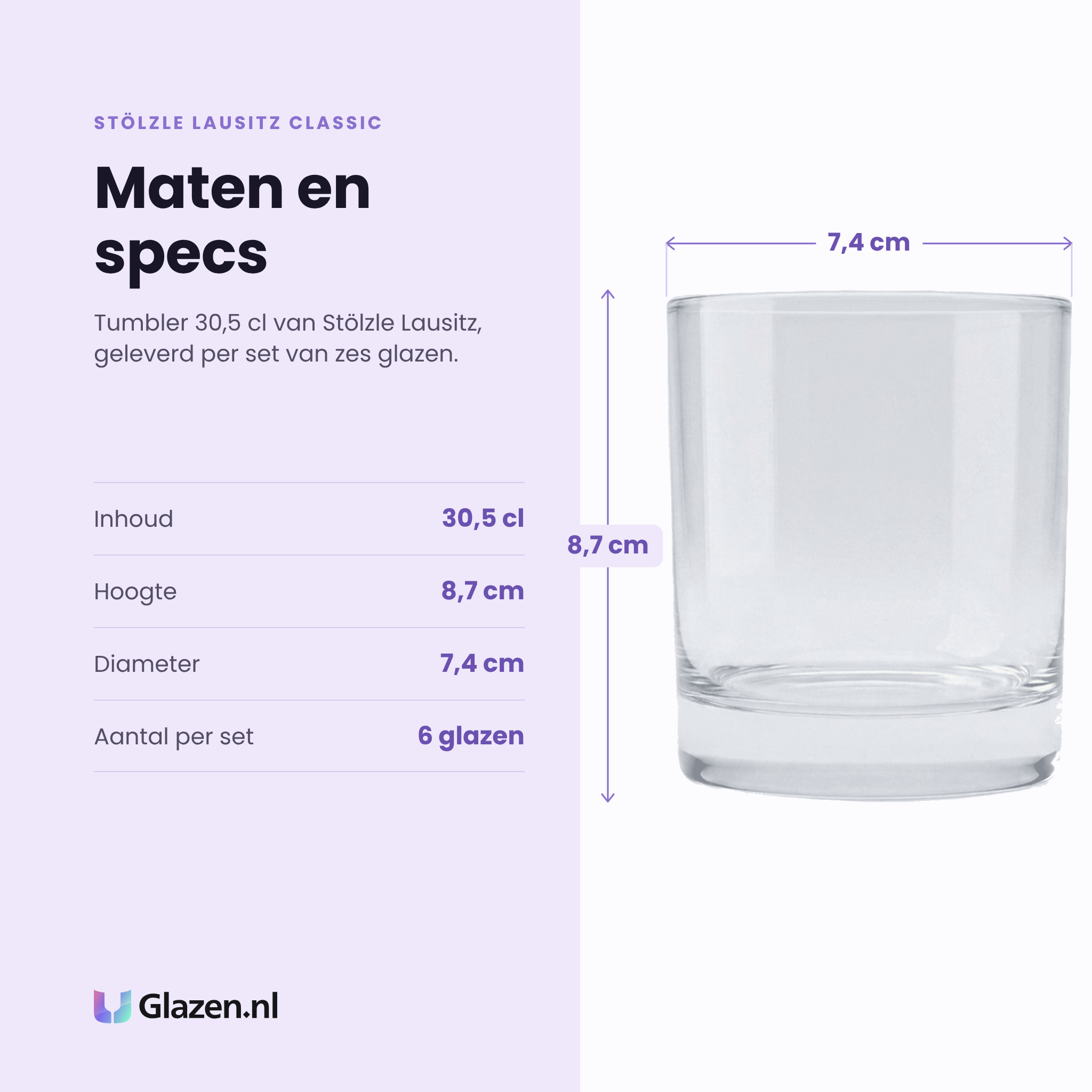 Stölzle Lausitz Classic tumbler 30,5 cl specificaties: inhoud 30,5 cl, hoogte 8,7 cm, diameter 7,4 cm, set van 6