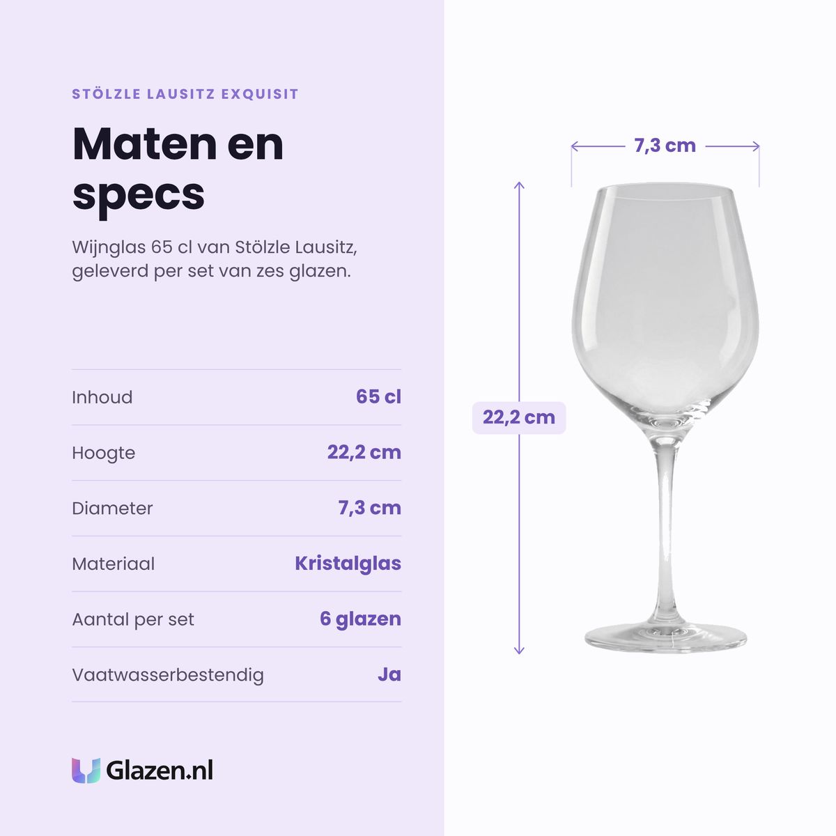 Stölzle Lausitz Exquisit wijnglas 65 cl specificaties: inhoud 65 cl, hoogte 22,2 cm, diameter 7,3 cm, kristalglas, set van 6