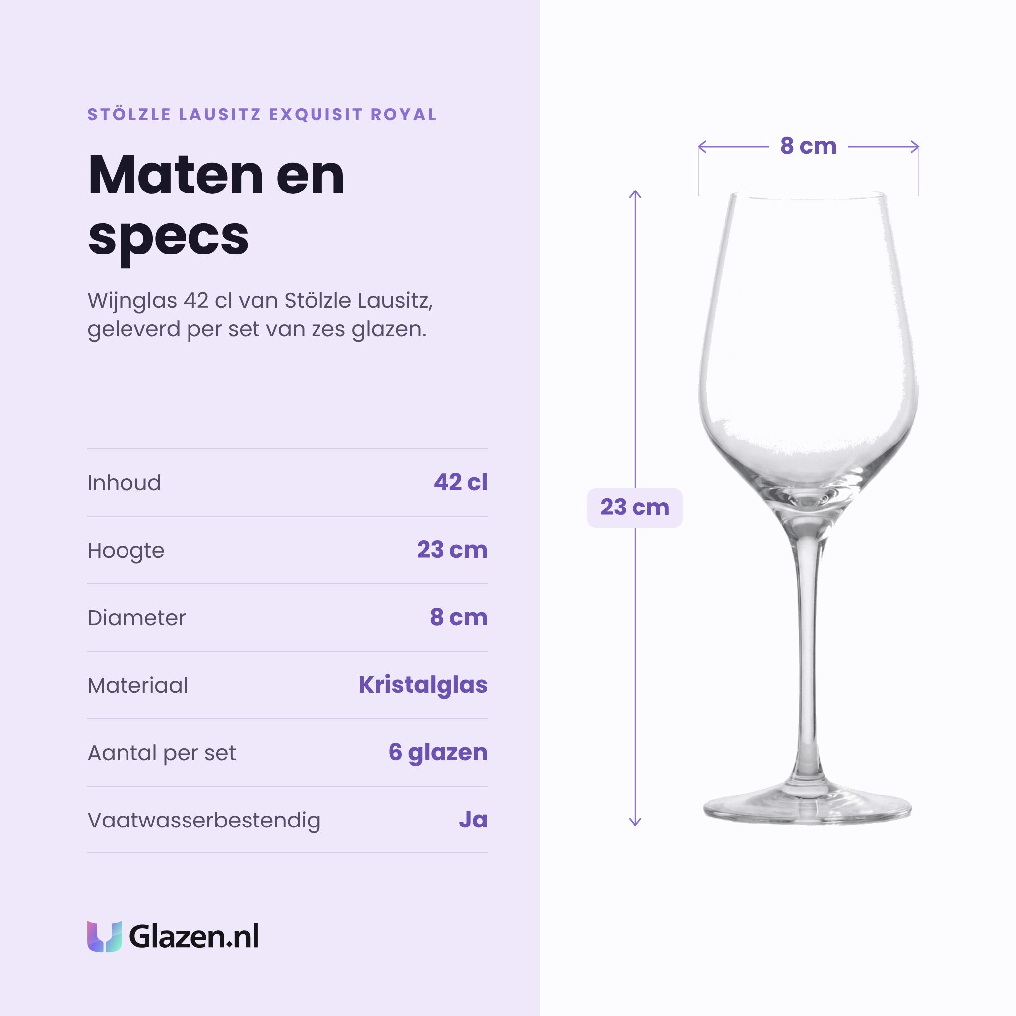 Stölzle Lausitz Exquisit Royal wijnglas 42 cl specificaties: inhoud 42 cl, hoogte 23 cm, diameter 8 cm, kristalglas, set van 6