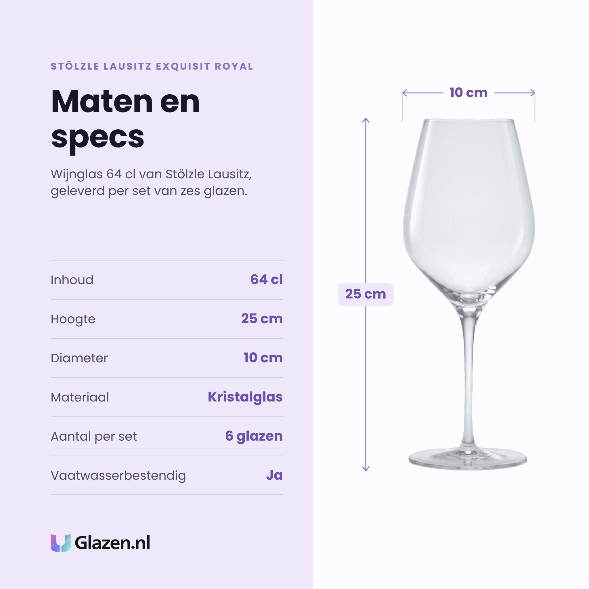 Stölzle Lausitz Exquisit Royal wijnglas 64 cl specificaties: inhoud 64 cl, hoogte 25 cm, diameter 10 cm, kristalglas, set van 6