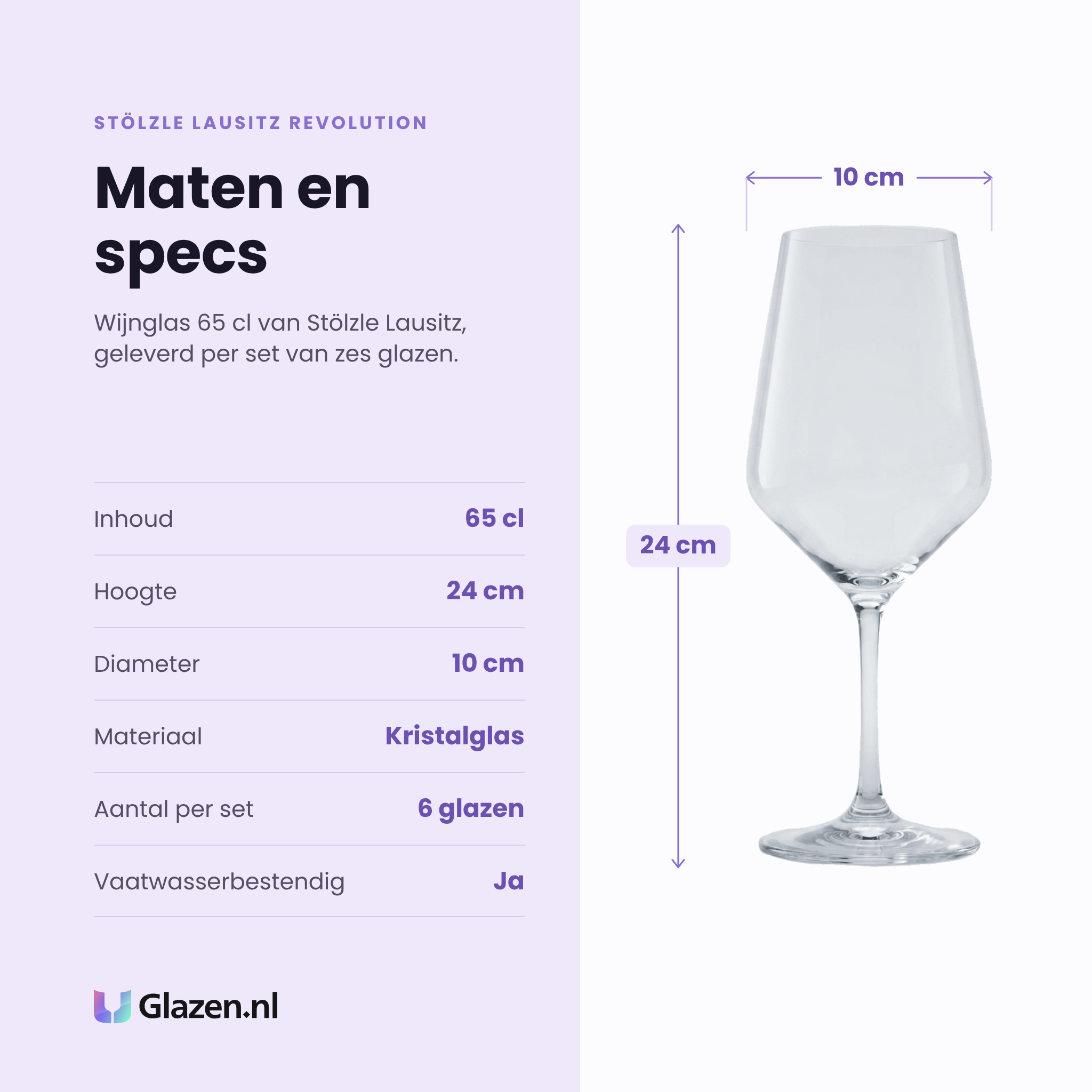 Stölzle Lausitz Revolution wijnglas 65 cl specificaties: inhoud 65 cl, hoogte 24 cm, diameter 10 cm, kristalglas, set van 6