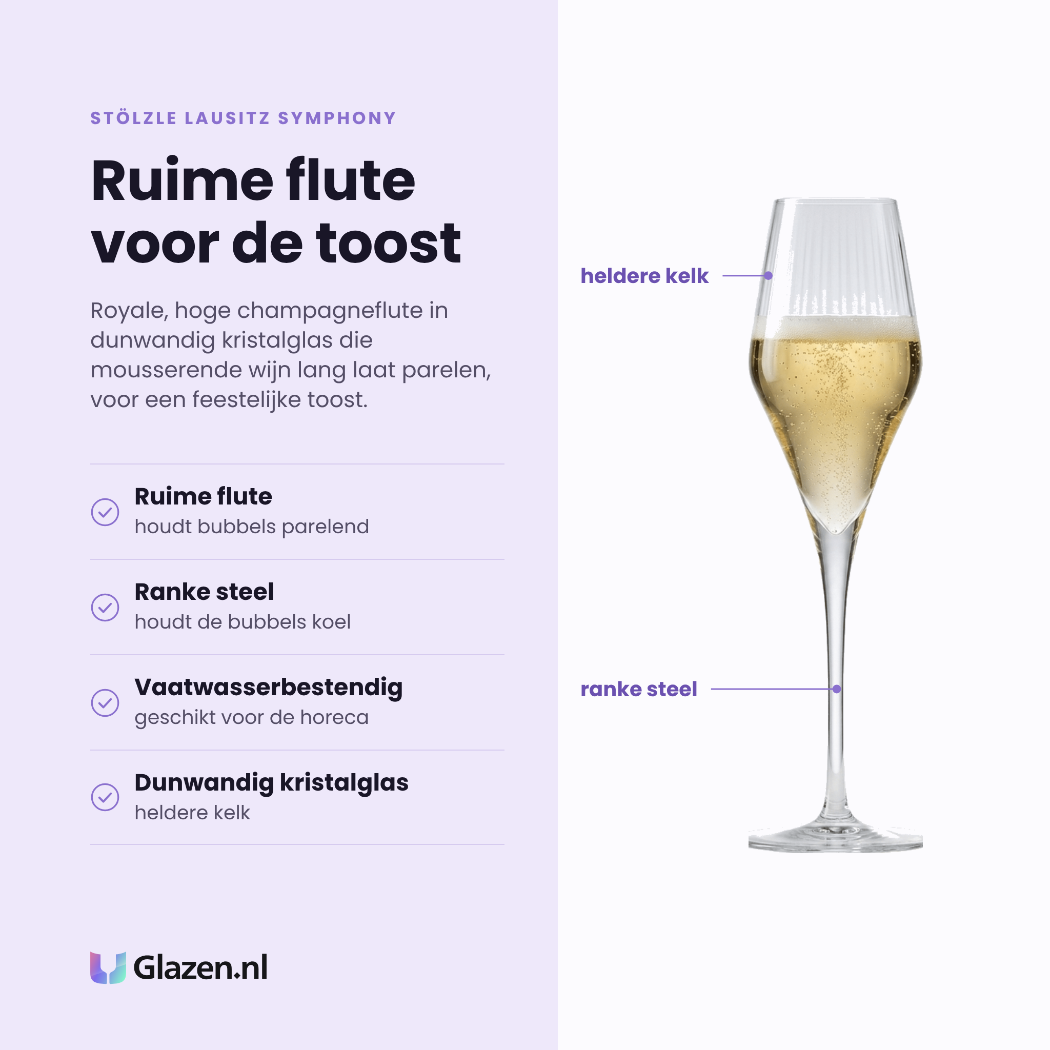Stölzle Lausitz Symphony champagneflute 29 cl eigenschappen: ruime flute, ranke steel, vaatwasserbestendig, dunwandig kristalglas