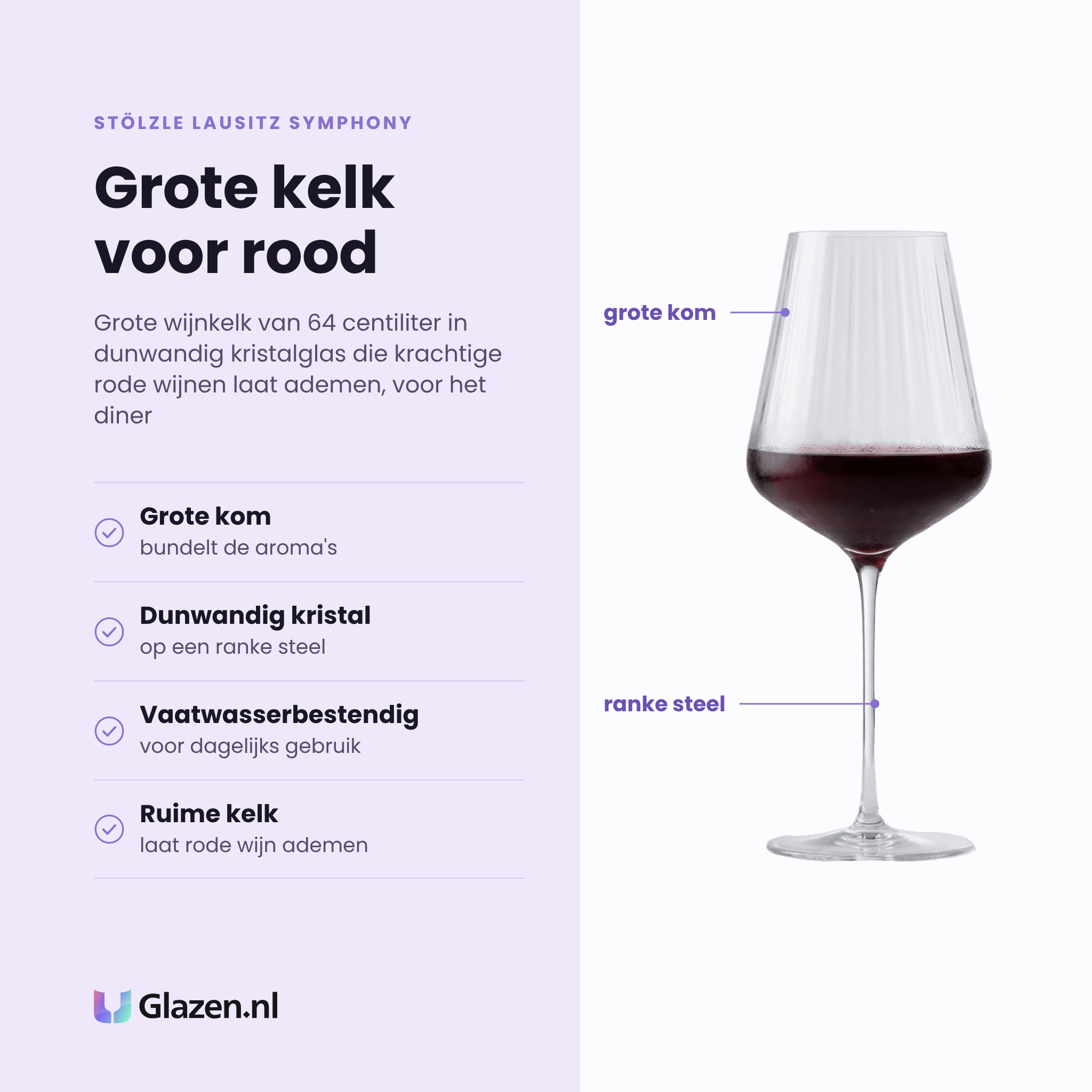 Stölzle Lausitz Symphony wijnglas 64 cl eigenschappen: grote kom bundelt de aroma's, dunwandig kristalglas op ranke steel, ruime kelk laat rood ademen, vaatwasserbestendig