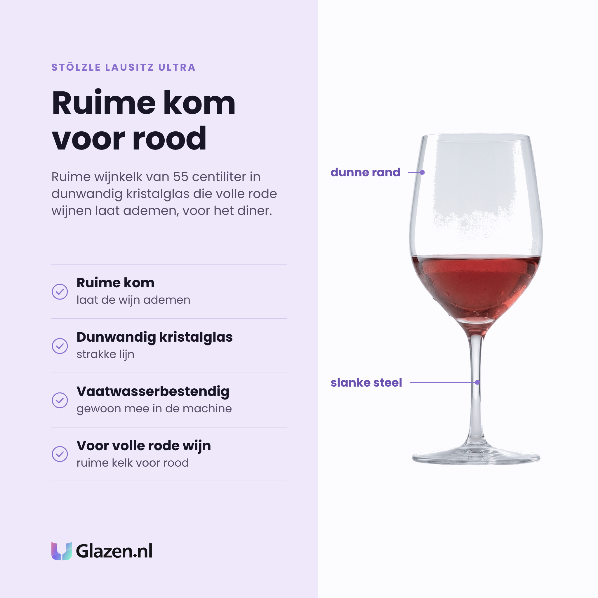 Stölzle Lausitz Ultra wijnglas 55 cl eigenschappen: ruime kom, dunwandig kristalglas, vaatwasserbestendig, voor volle rode wijn