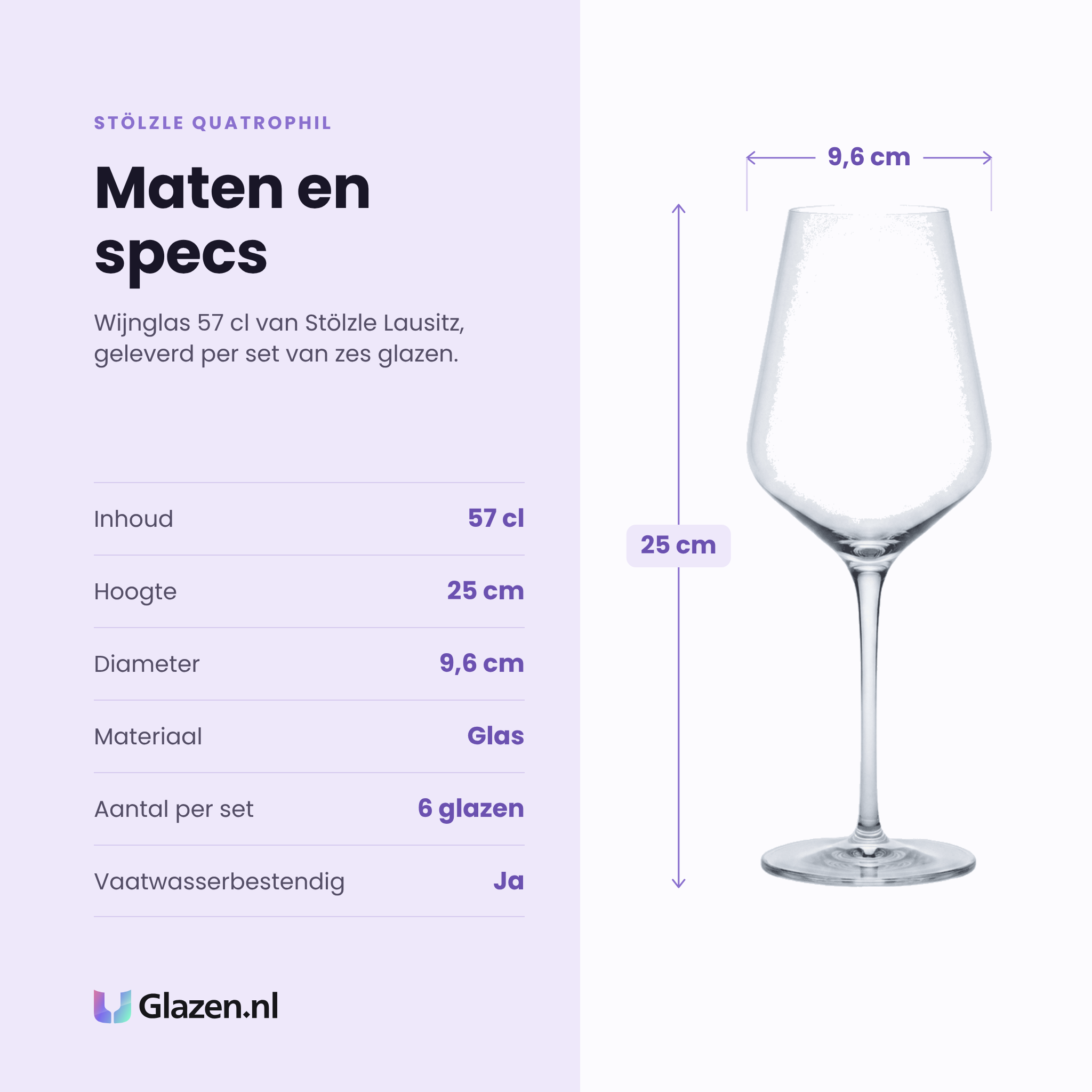 Stölzle Lausitz Quatrophil wijnglas 57 cl specificaties: inhoud 57 cl, hoogte 25 cm, diameter 9,6 cm, glas, set van 6