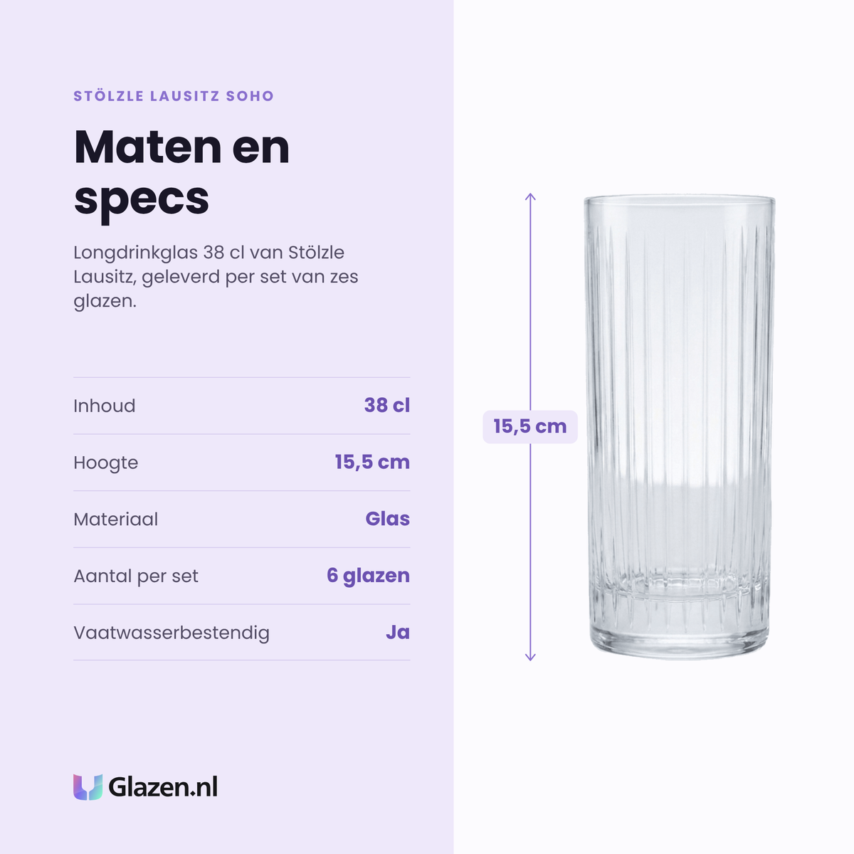 Stölzle Lausitz Soho longdrinkglas 38 cl specificaties: inhoud 38 cl, hoogte 15,5 cm, glas, set van 6