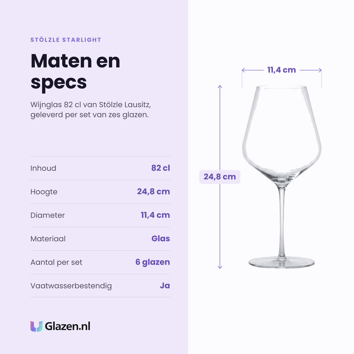 Stölzle Lausitz Starlight wijnglas 82 cl specificaties: inhoud 82 cl, hoogte 24,8 cm, diameter 11,4 cm, glas, set van 6