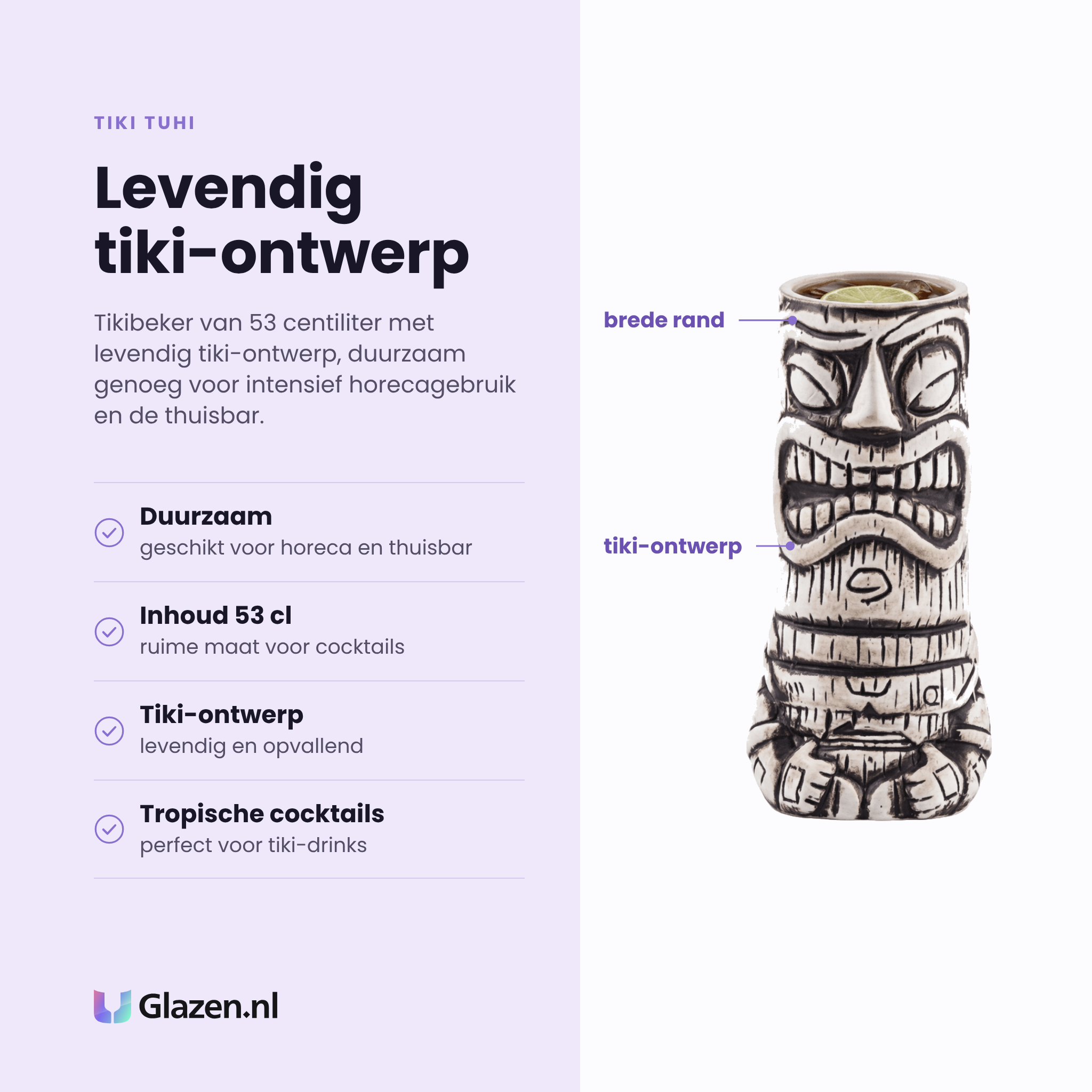 Tiki Tuhi tikibeker 53 cl eigenschappen: duurzaam, inhoud 53 cl, tiki-ontwerp, tropische cocktails