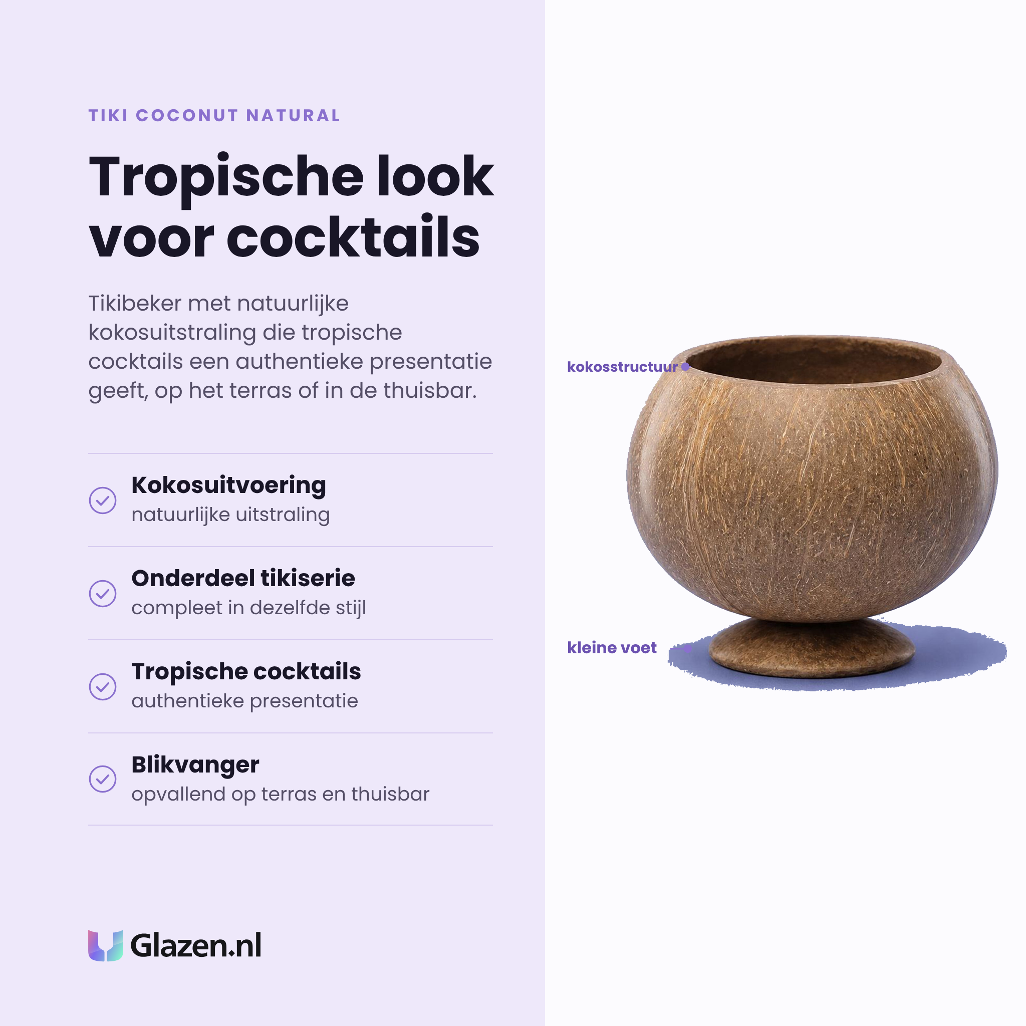 Tiki Coconut Natural tikibeker eigenschappen: natuurlijke kokosuitvoering, onderdeel tikiserie, tropische cocktails, blikvanger
