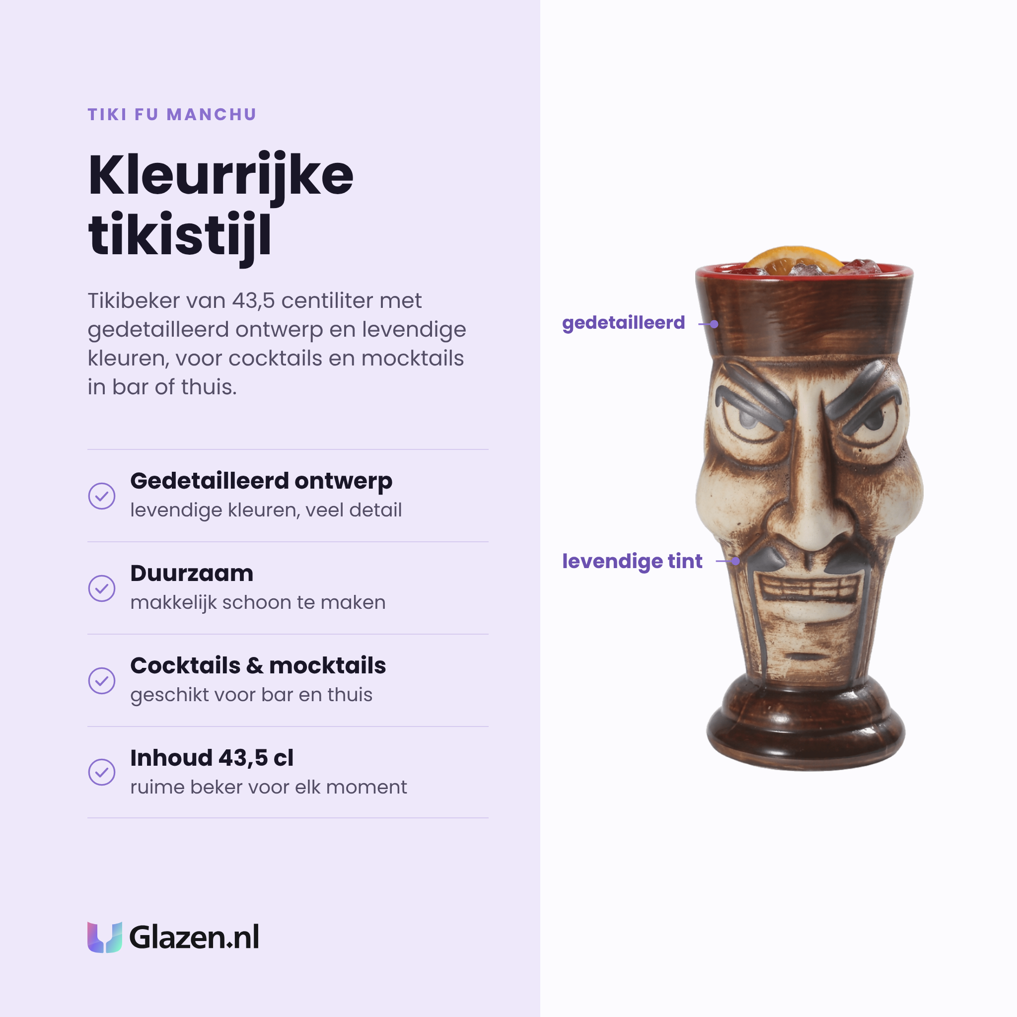 Tiki Fu Manchu tikibeker 43,5 cl eigenschappen: gedetailleerd ontwerp, levendige kleuren, duurzaam en makkelijk schoon, voor cocktails en mocktails