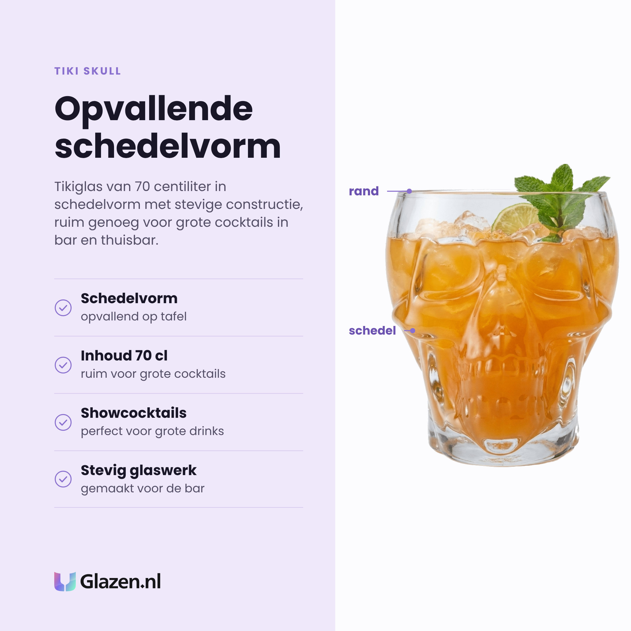 Tiki Skull glas 70 cl eigenschappen: schedelvorm, inhoud 70 cl, showcocktails, stevig glaswerk