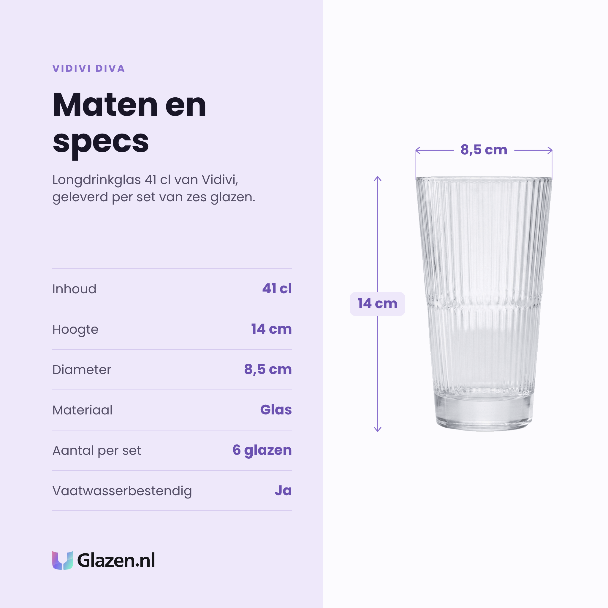 Vidivi Diva longdrinkglas 41 cl specificaties: inhoud 41 cl, hoogte 14 cm, diameter 8,5 cm, glas, set van 6