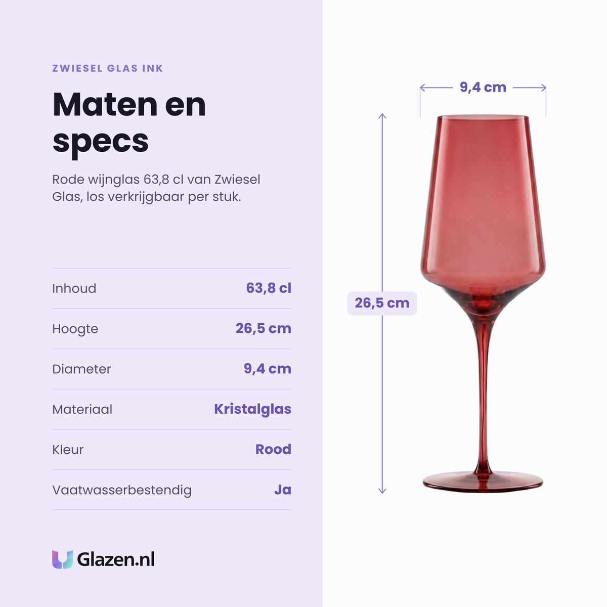 Zwiesel Glas Ink rode wijnglas 63,8 cl specificaties: inhoud 63,8 cl, hoogte 26,5 cm, diameter 9,4 cm, kristalglas, los per stuk