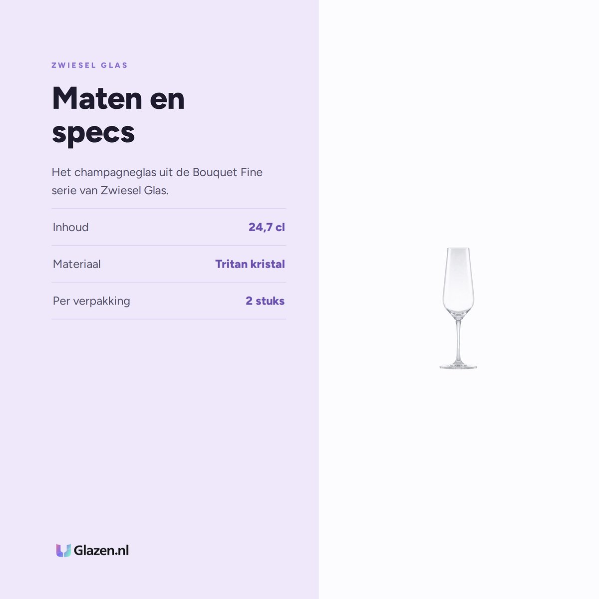 Maten en specs van Zwiesel Glas Bouquet Fine Champagneglas Asti 24,7 Cl met Mousseerpunt