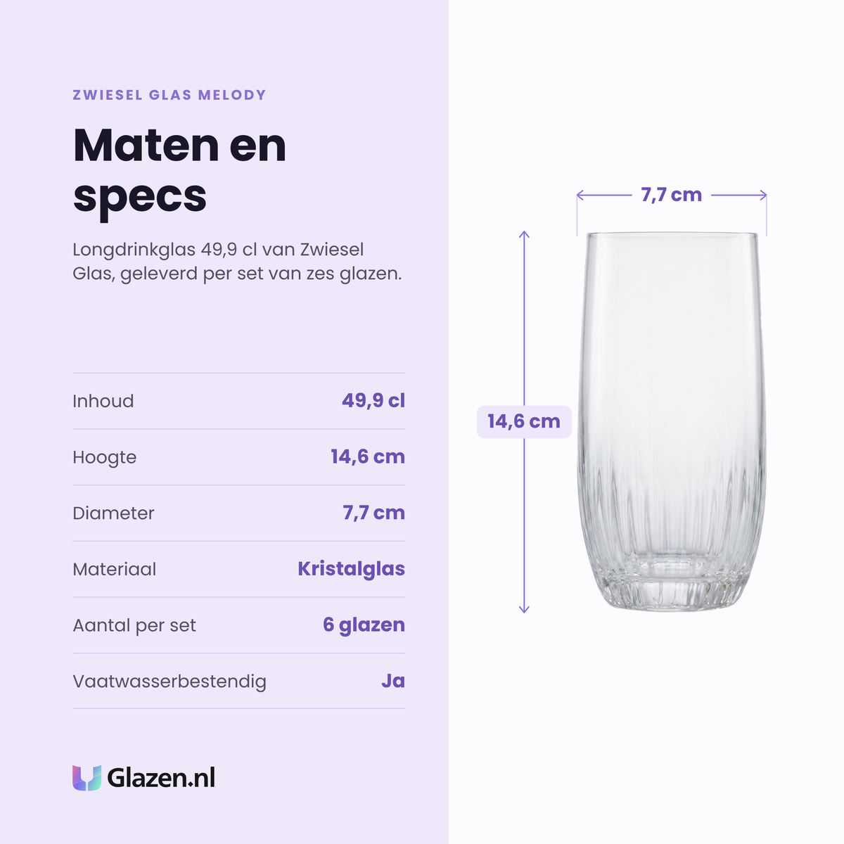 Zwiesel Glas Melody longdrinkglas 49,9 cl specificaties: inhoud 49,9 cl, hoogte 14,6 cm, diameter 7,7 cm, kristalglas, set van 6