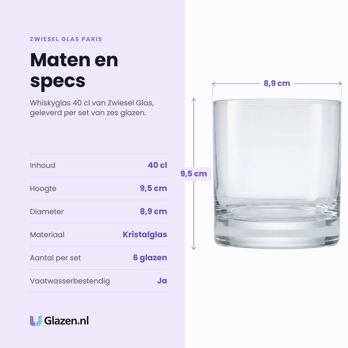 Zwiesel Glas Paris whiskyglas 40 cl specificaties: inhoud 40 cl, hoogte 9,5 cm, diameter 8,9 cm, kristalglas, set van 6