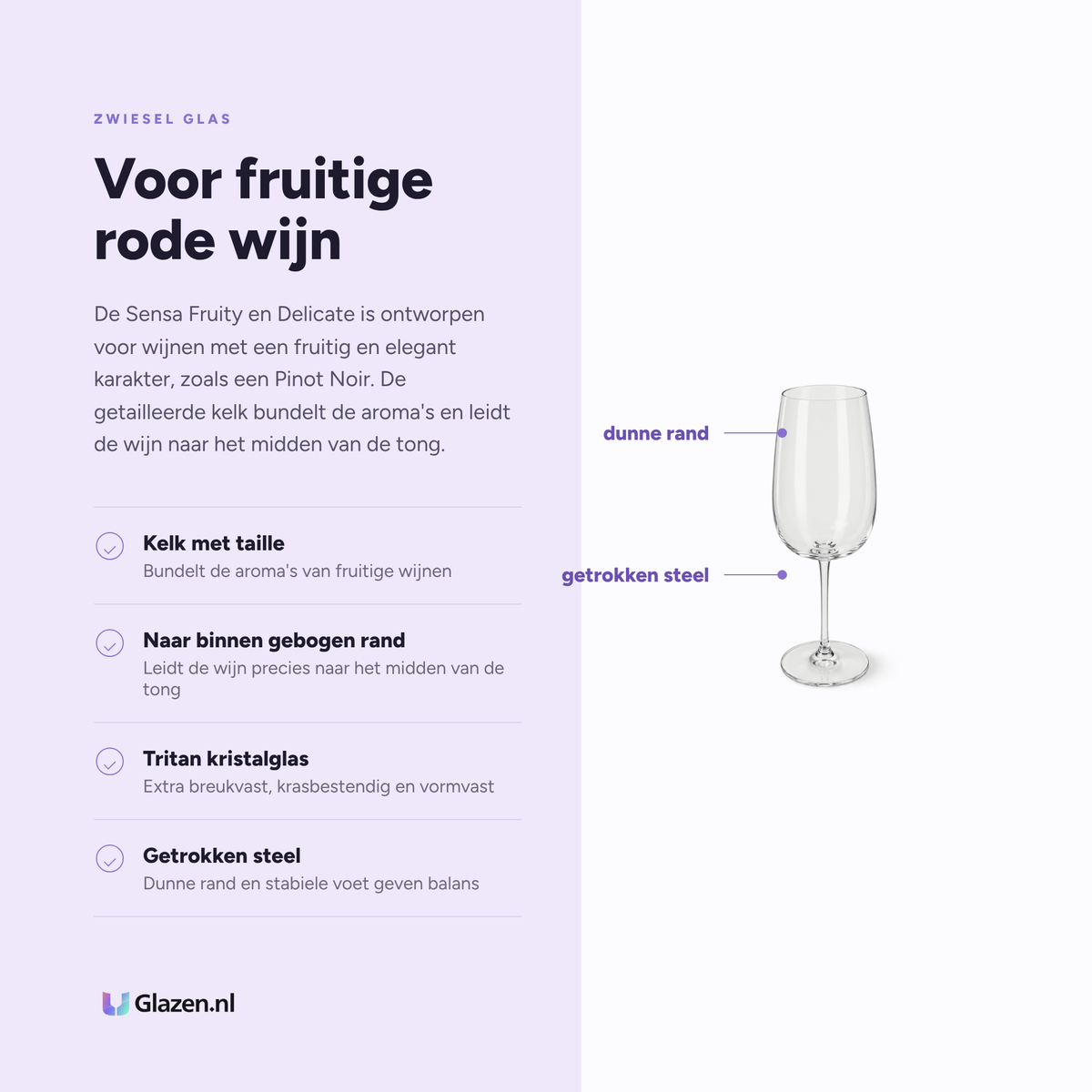 Infographic met de eigenschappen van Zwiesel Glas Sensa rode wijnglas Fruity en Delicate 53,5 cl