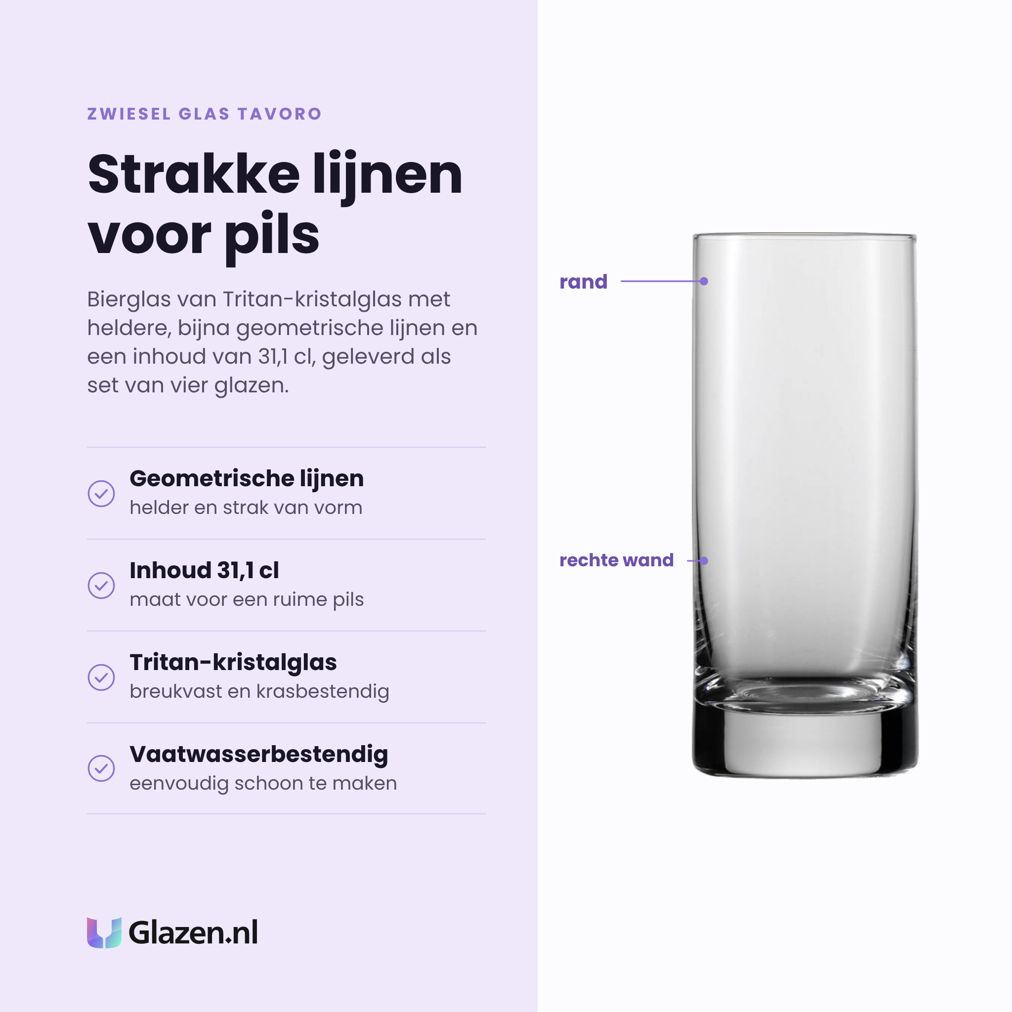 Zwiesel Glas Tavoro bierglas 31,1 cl eigenschappen: tritan-kristalglas, strakke geometrische lijnen, breukvast en krasbestendig, vaatwasserbestendig