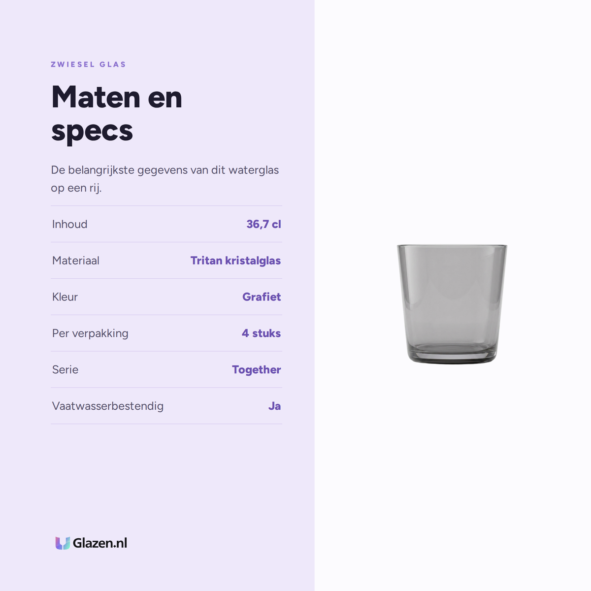 Maten en specificaties van Zwiesel Glas Together Waterglas 36,7 Cl Grafiet - 4 Stuks