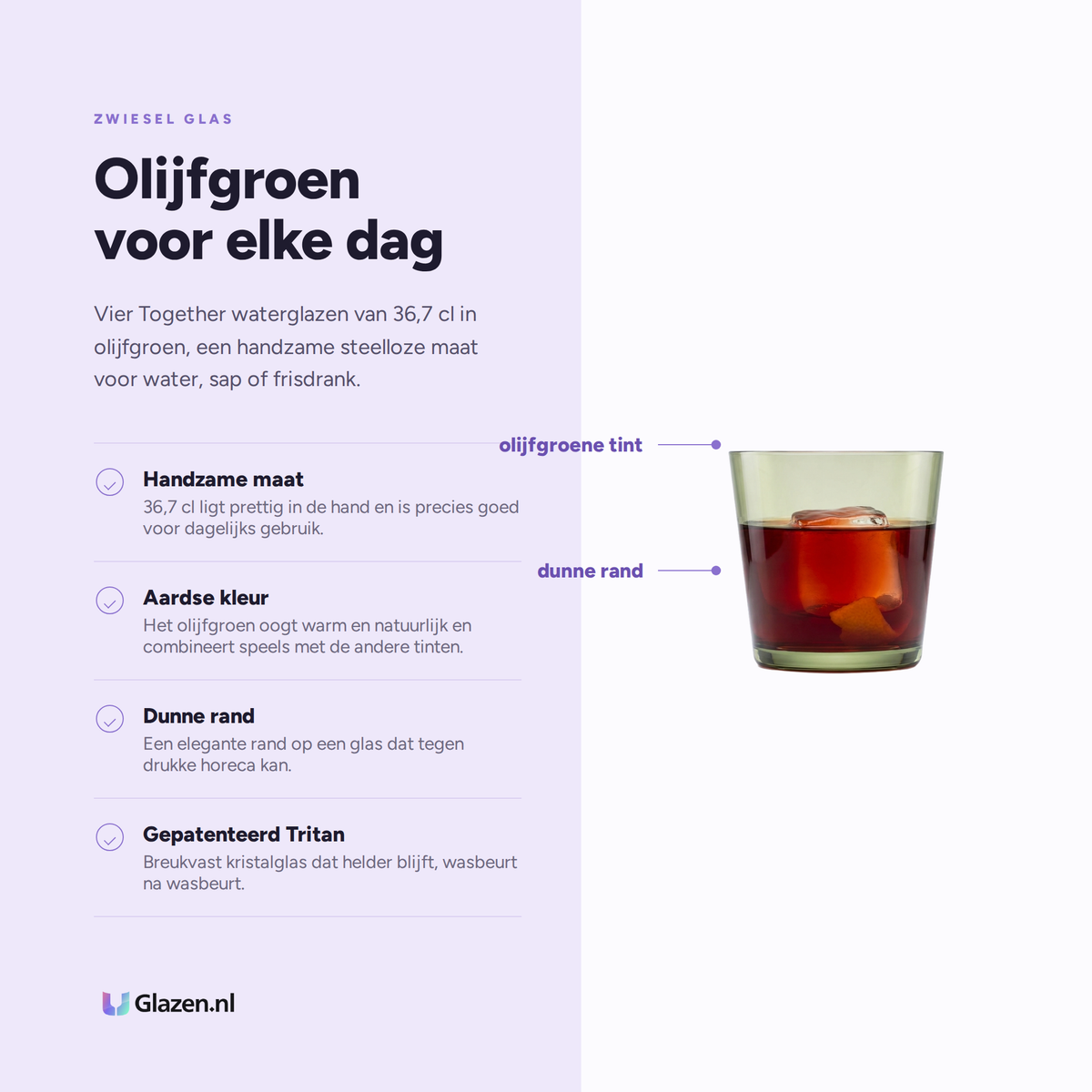 Eigenschappen van de Zwiesel Glas Together Waterglas 36,7 Cl Olijfgroen - 4 Stuks