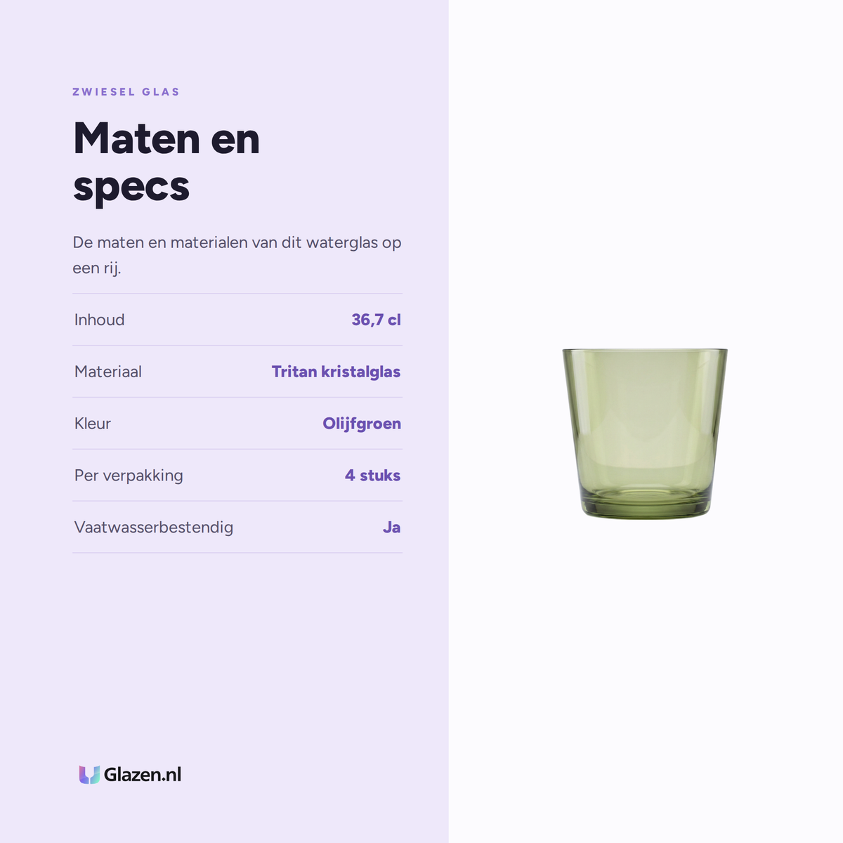 Maten en specificaties van de Zwiesel Glas Together Waterglas 36,7 Cl Olijfgroen - 4 Stuks