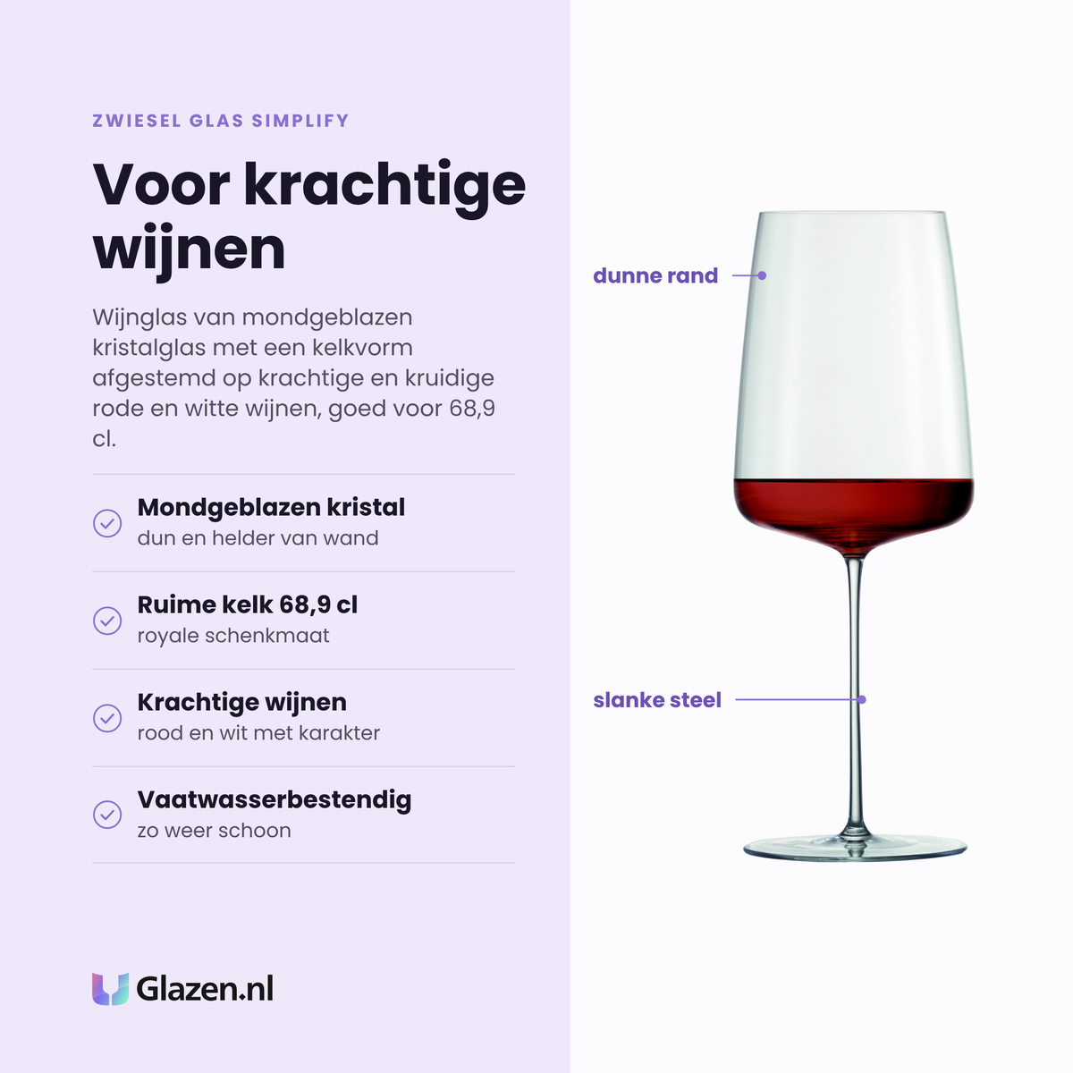 Zwiesel Glas Simplify wijnglas 68,9 cl eigenschappen: mondgeblazen kristalglas, ruime kelk, voor krachtige en kruidige wijnen, vaatwasserbestendig